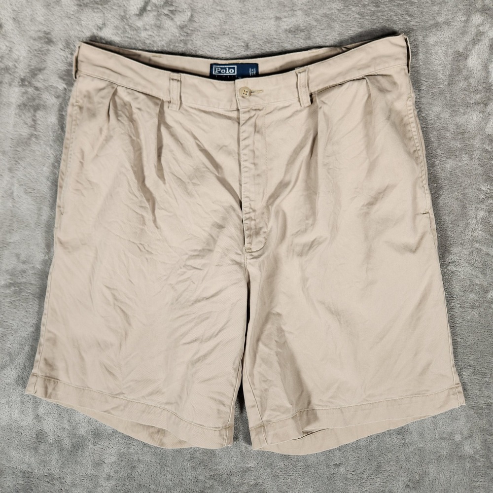Polo Ralph Lauren Tyler Short Mens 35 Tan Excellent Pleated Chino Cotton Khaki‎